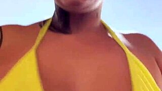 transparent thong bikini at guarujá beach gym shows pierced wet pussy to excited staring guys