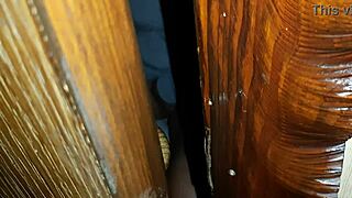 Brunette stepsister caught fingering pussy in toilet