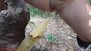 perverted slut's forest piss squirt on wooden stake feels so dirty