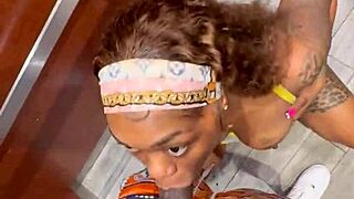 wet black babe flashes pussy in elevator before monster bbc sloppy pounding