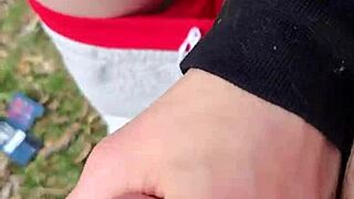 skinny blonde milf wife outdoors gets husband reach around fingering wet shaved pussy