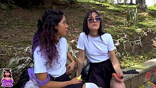 Rebel amiga skips class for bisexual scissoring pussy licking fun