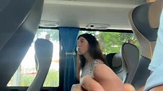 Skinny teen babe flashes dick handjobs cum on public bus