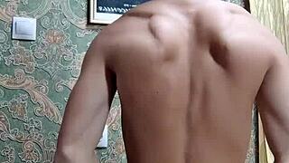 flexible skinny bodybuilder pounds hard post-study workout