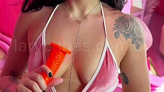 lary cubas shoves carrot deep into her pink wet pussy solo