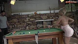 Busty blonde rides big cock at pool table pussy dripping cumshot