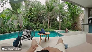 Skinny Latina Shemale Sucks Monster Cock Bareback Near Pool in Spanish Villa