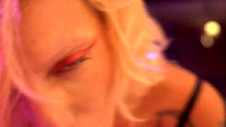 Busty tattooed blonde pornstar sneaks backstage for sloppy pov blowjob and foot handjob.