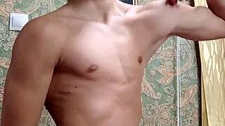 flexible skinny bodybuilder pounds hard post-study workout