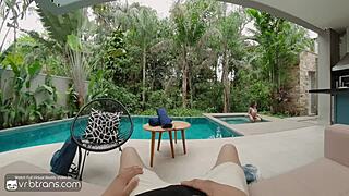 Skinny Latina Shemale Sucks Monster Cock Bareback Near Pool in Spanish Villa