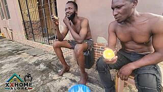 two broke dudes paying with dick to pound street vendor's tight pussy outdoors?