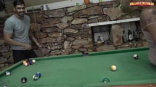 Busty blonde rides big cock at pool table pussy dripping cumshot