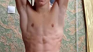 flexible skinny bodybuilder pounds hard post-study workout