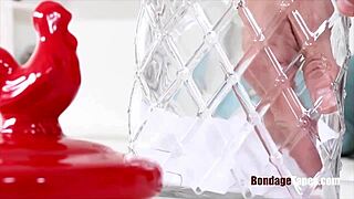 Bound slave deepthroats in hardcore bondage submission.