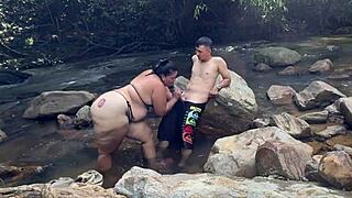 Risky bareback river fuck with skinny latina moaning cowgirl style