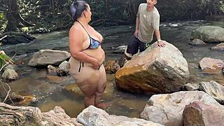 Risky bareback river fuck with skinny latina moaning cowgirl style