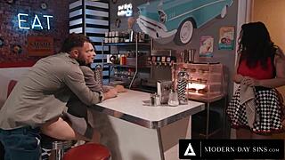 liz jordan sneaks diner blowjob deepthroat then rides date's cock doggystyle cumshot