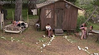 amber rayne, hannah west and kaci star take bent over outdoor gangbang creampies