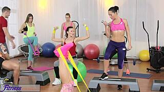 big boobs fitness babes suck teacher's cock hard in gym orgy 😏