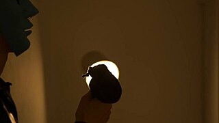 Naughty brunette thief Selena strips teases hairy pussy for burglar orgasm cumshot.