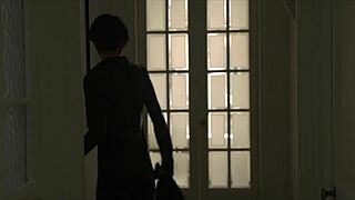 Naughty brunette thief Selena strips teases hairy pussy for burglar orgasm cumshot.