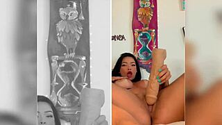 Oriental VIP masturbates huge dildo in lingerie