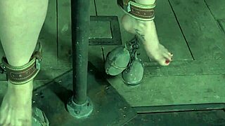 Bound sub gags on deepthroat cock while choking in fiery bdsm ring gag torment