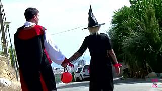 Blonde Costume Party Slut Fucked by Two Guys