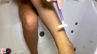 shaving her smooth pussy and legs pov... natural tits brunette closeup 😍🪒