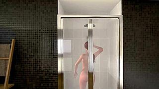 Redhead plays naughty shower bathing game reality style.