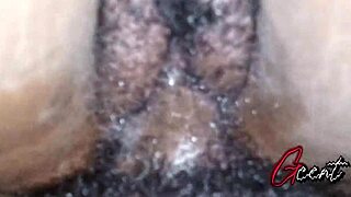 a close up of hairy creamy pussy taking passionate bbc pounding