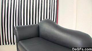 dom brunette teases in stockings before bent over blowjob doggystyle