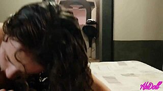 after hotel shower, she drops to knees for hot cock sucking handjob cumshot