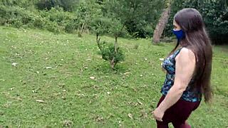 Amateur Stepmom Flashes Huge Shaved Pussy and Tits in Forest for Stepson