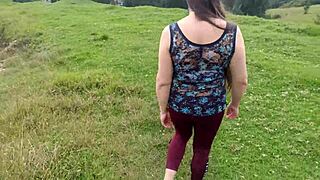 Amateur Stepmom Flashes Huge Shaved Pussy and Tits in Forest for Stepson