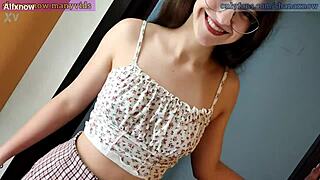 A cute braces teen and her guy flash tits in public elevator for deepthroat facial cum swallow