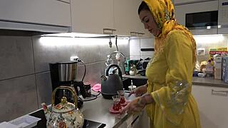 Arab stepmom in hijab bends for horny stepson's big ass anal pounding.