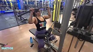 she trains panty-less in the gym to tease her trainer then fingers her sweaty pussy at home