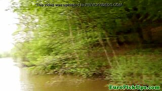 Euro babe flashes big natural tits after pickup now suck my cock outdoors