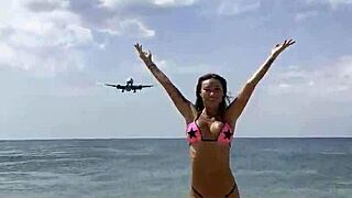 Monika Fox poses sexy in pink starry bikini on beach 🏖️⭐