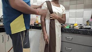 Desi girl home from college fucks stepbrother in kitchen, hindi audio!