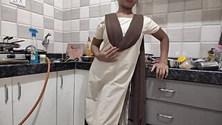 Desi girl home from college fucks stepbrother in kitchen, hindi audio!