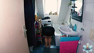 Chubby couple's early morning bathroom creampie big tits bouncing hard