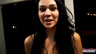 Sabrina's petite wet shaved pussy takes interracial doggystyle pounding and facial cumshot.