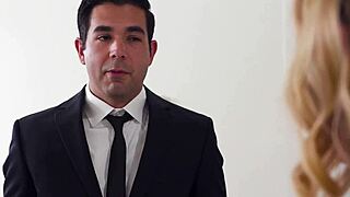 Guy eats hairy pussy then fucks blonde secretary deepthroat style