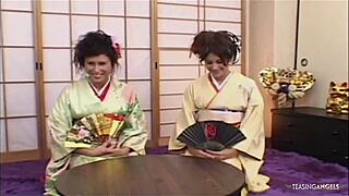 Sayuni and Sakuna tricked into wild foursome riding cocks and sucking hard!