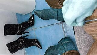 Intense Pee Drenching Massive Ass in Shiny Ankle Boots and Spike Heels Dripping Everywhere