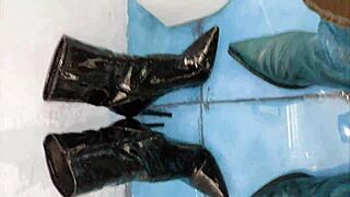 Intense Pee Drenching Massive Ass in Shiny Ankle Boots and Spike Heels Dripping Everywhere