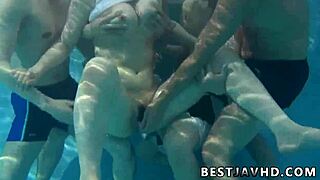 SUZUNA KOMIYA GAGS ON COCK BY POOL IN UNCENSORED GROUP BANG!