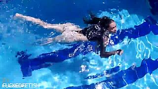 latex-clad jessica bunny doll submerged poolside her wet pussy and ass teasing underwater